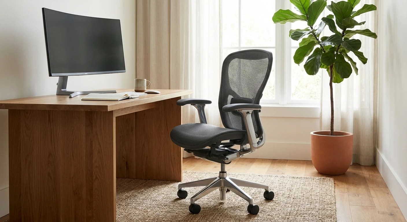 A high-quality ergonomic office chair at a wooden desk in a sunlit room.
