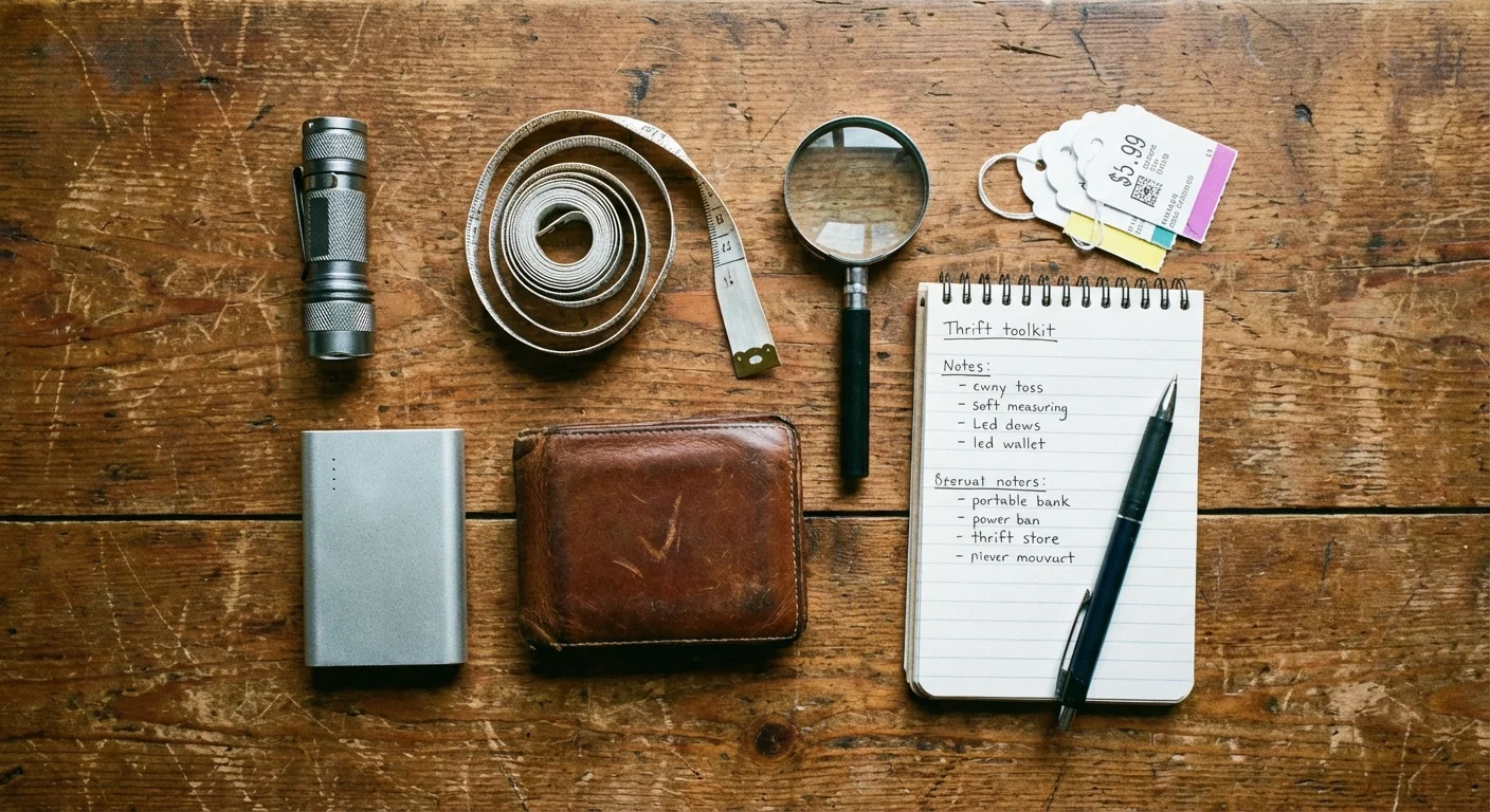 A flat lay of a flashlight, measuring tape, and battery pack for thrifting.