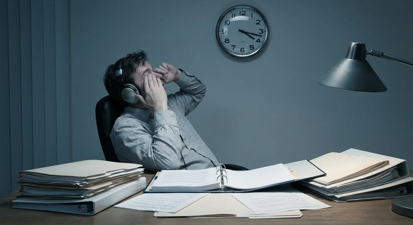 A person on a phone call looking at a clock with many documents on their desk.