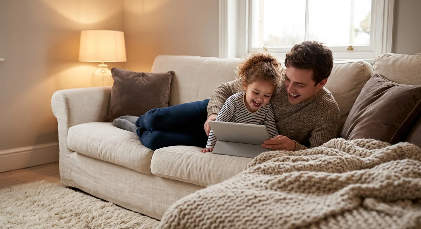 A father and daughter sharing a happy moment while looking at a tablet screen.