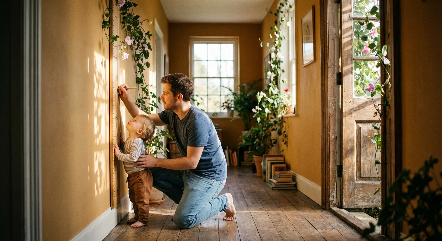 A father marking his child's height on a wall in a bright home.