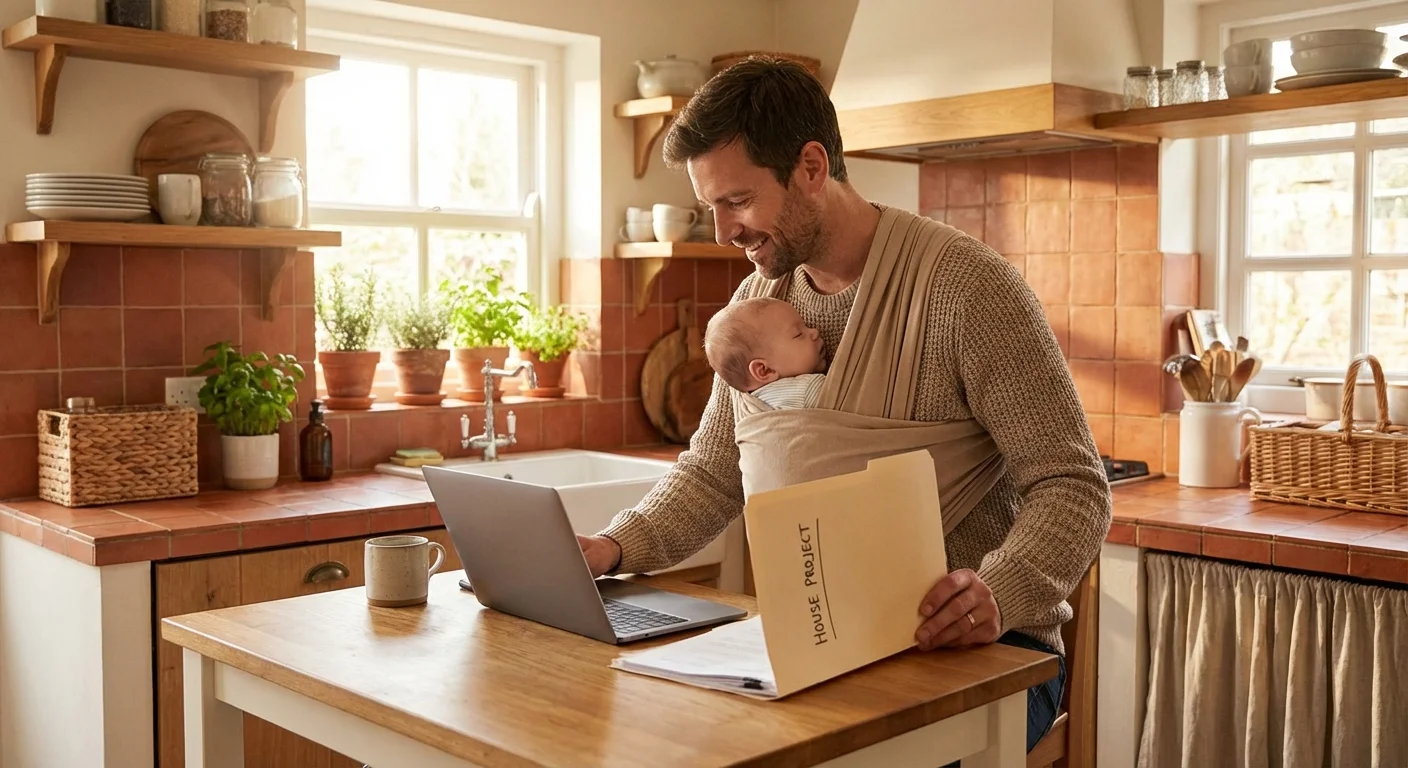A father reviewing documents on a laptop while holding his baby in a warm kitchen.