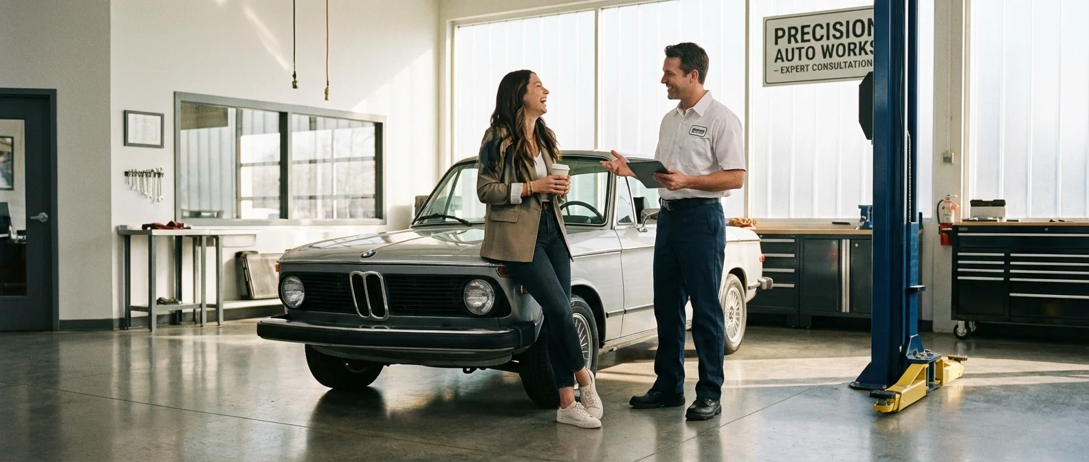 A car owner talking with a professional mechanic in a clean, modern auto shop.