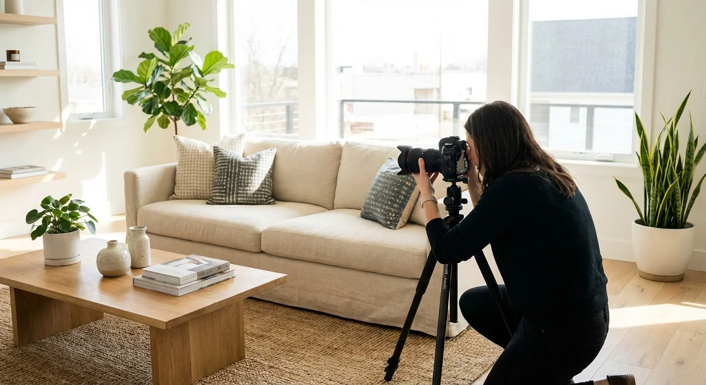 A photographer setting up a shot of a staged, modern living room.