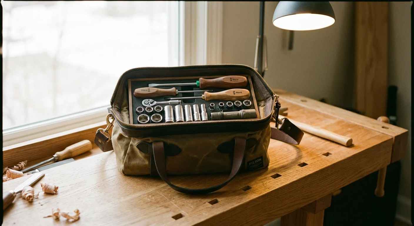 A small, organized canvas tool bag with basic car maintenance tools on a workbench.