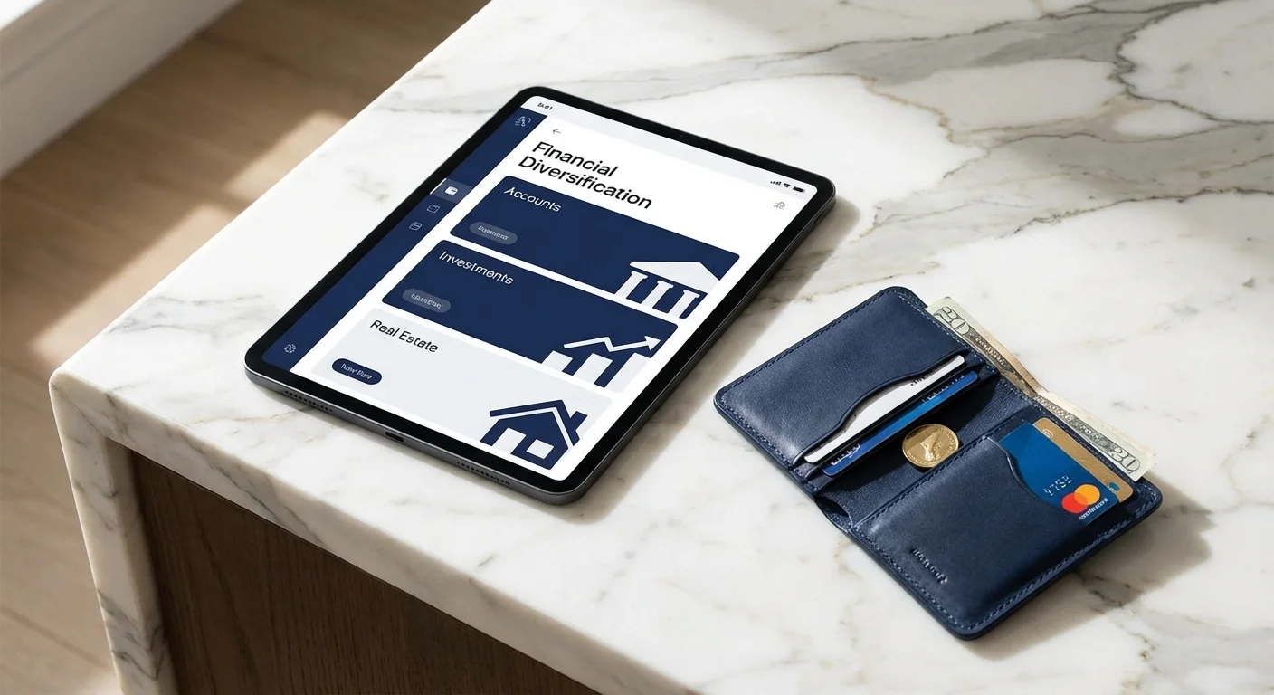 A tablet with a banking app and a leather wallet on a marble counter.
