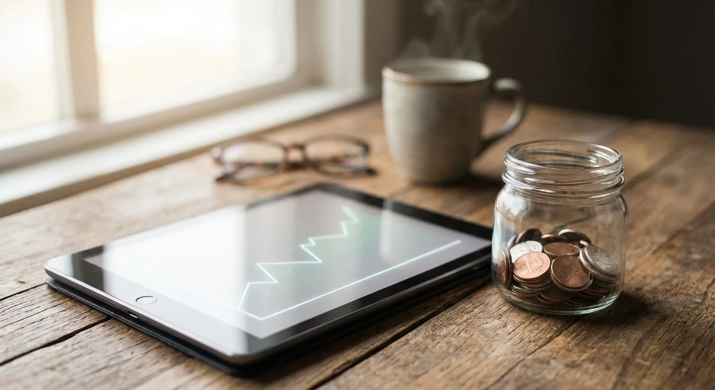 A tablet showing a financial graph next to a small jar of coins on a wooden table.