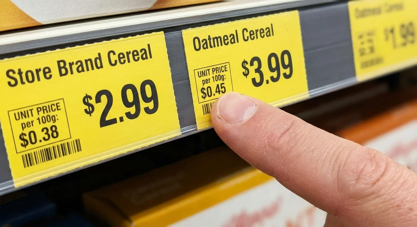 Close-up of a finger pointing at a unit price on a shelf tag.
