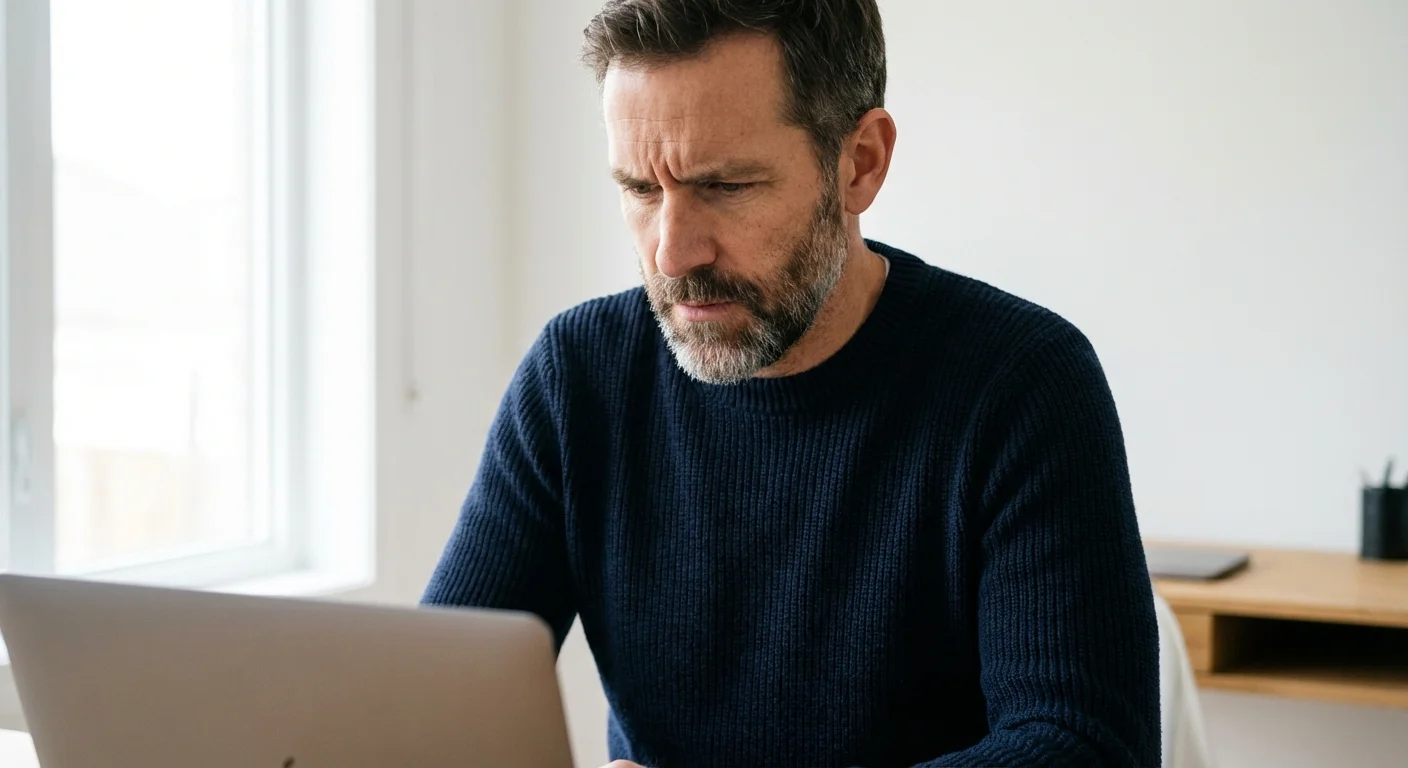 A man looking focused and analytical while reviewing information on a laptop screen.