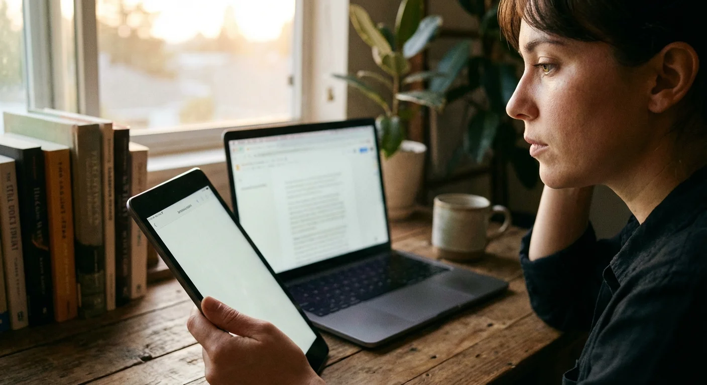 A person comparing data on a tablet and laptop at a desk during golden hour.