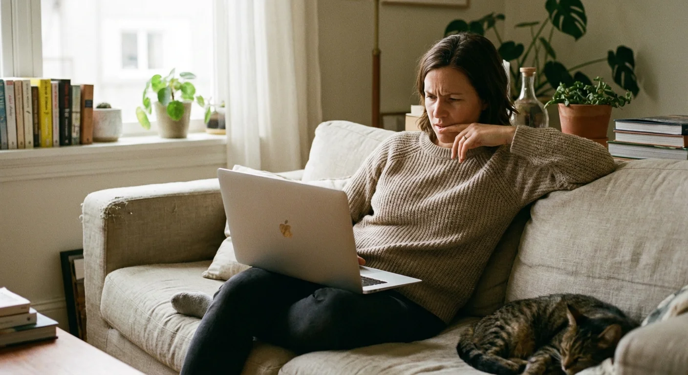 A woman looking at a laptop with a thoughtful expression, representing the navigation of tax pitfalls.