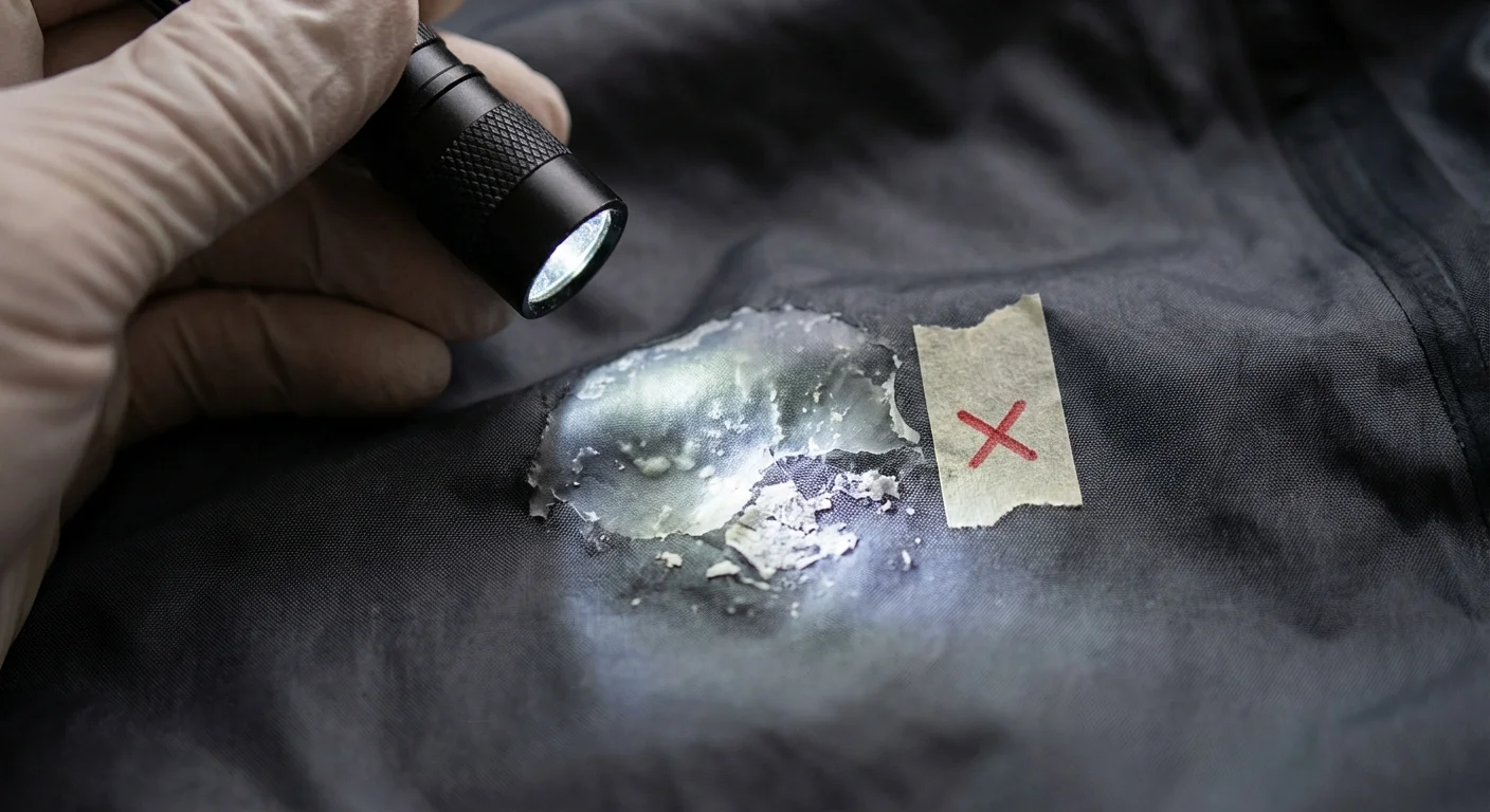 A flashlight revealing damage on the inside of a waterproof jacket.