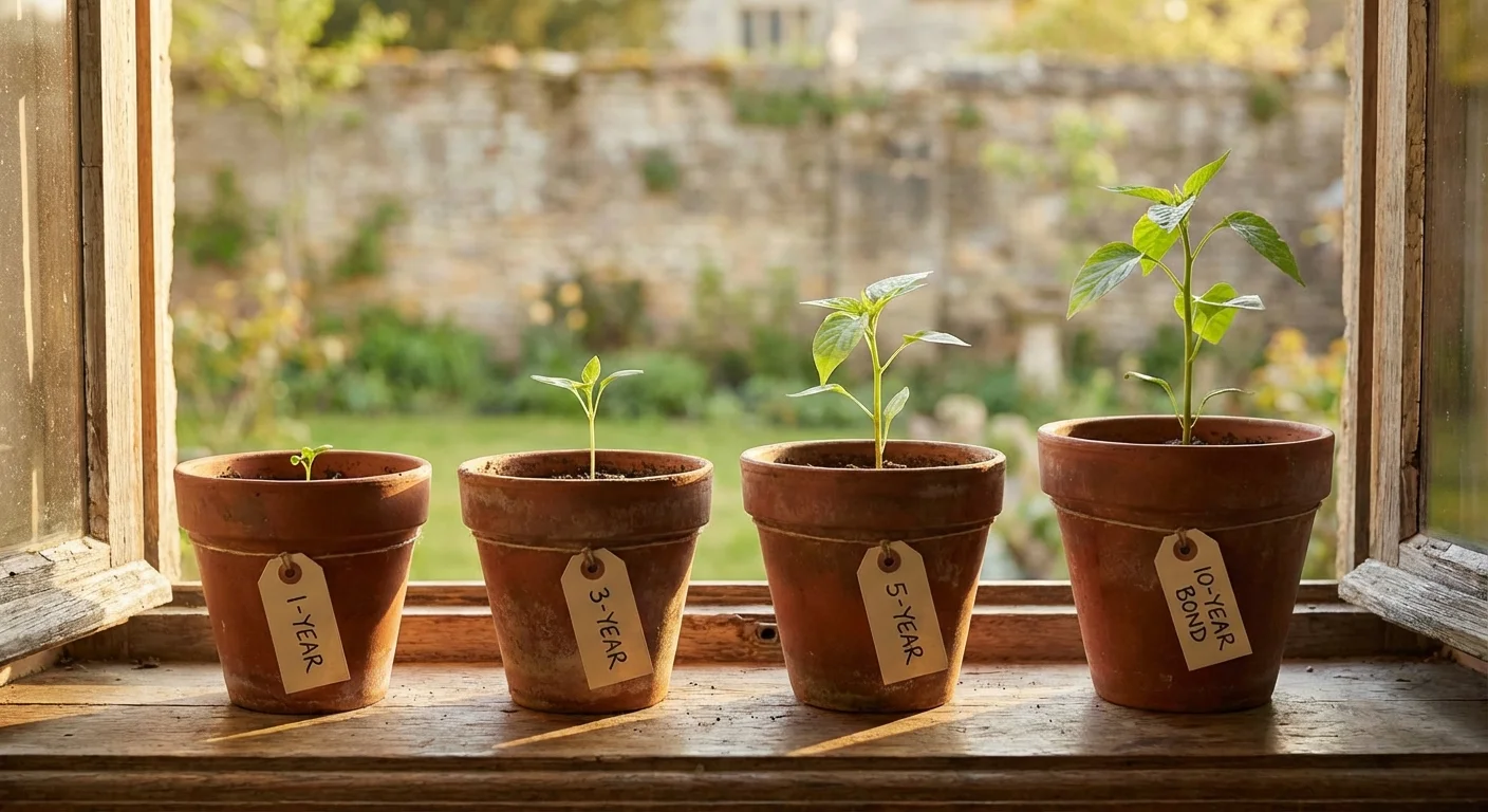 Four small plants in different stages of growth on a sunny windowsill.