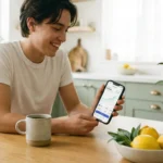 A person using a stock market app on their phone in a bright, modern kitchen.