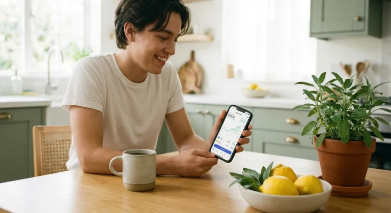A person using a stock market app on their phone in a bright, modern kitchen.