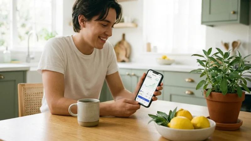 A person using a stock market app on their phone in a bright, modern kitchen.