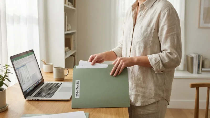 A calm freelancer working in a bright, organized home office, symbolizing financial security.