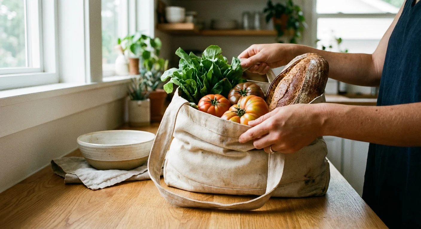 Fresh groceries being unpacked on a wooden counter, representing essential spending.