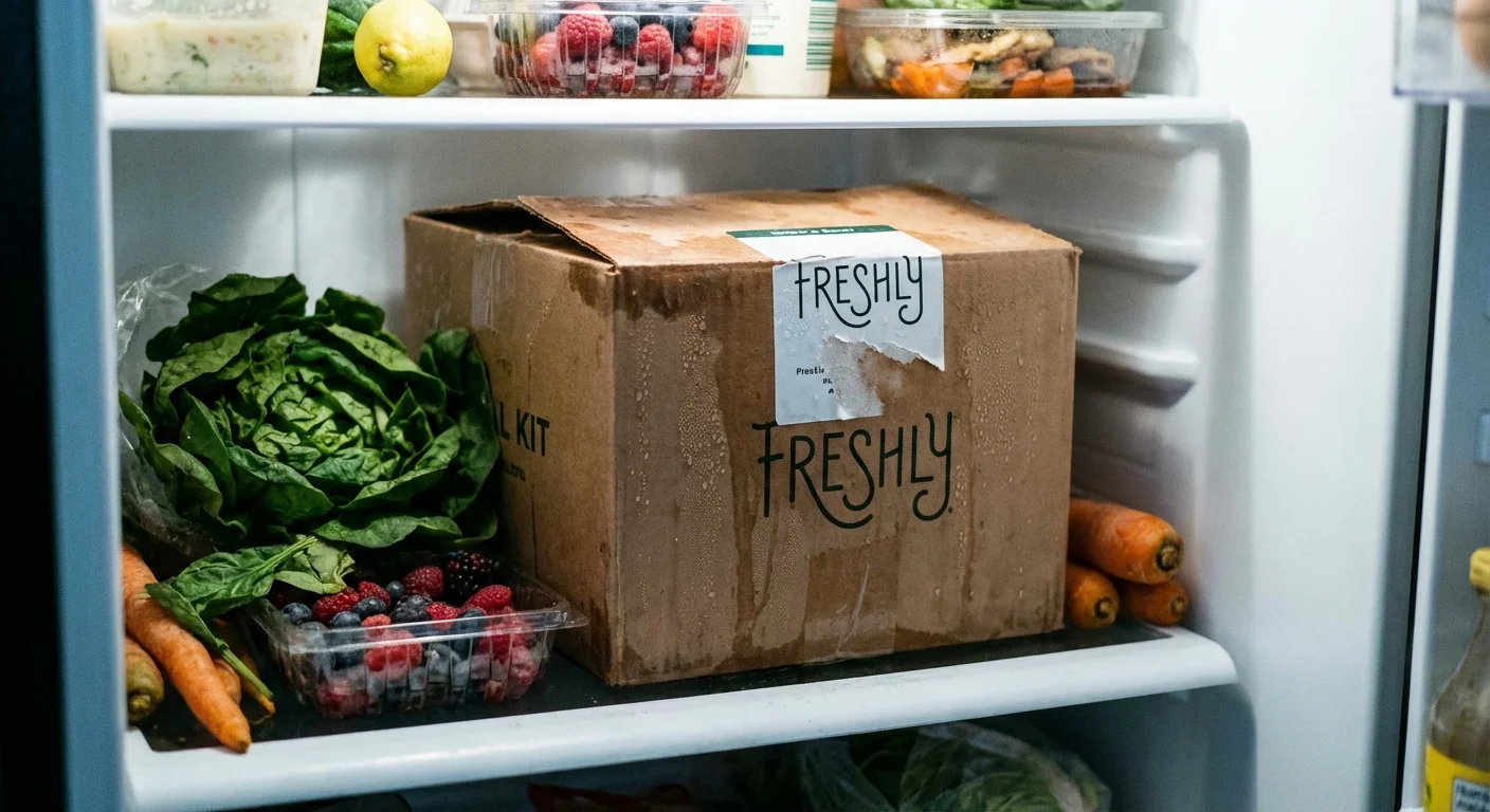 An unopened meal kit box sitting at the back of a refrigerator.