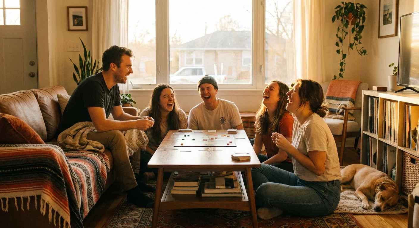 Friends laughing and playing a board game in a cozy, sunlit living room.