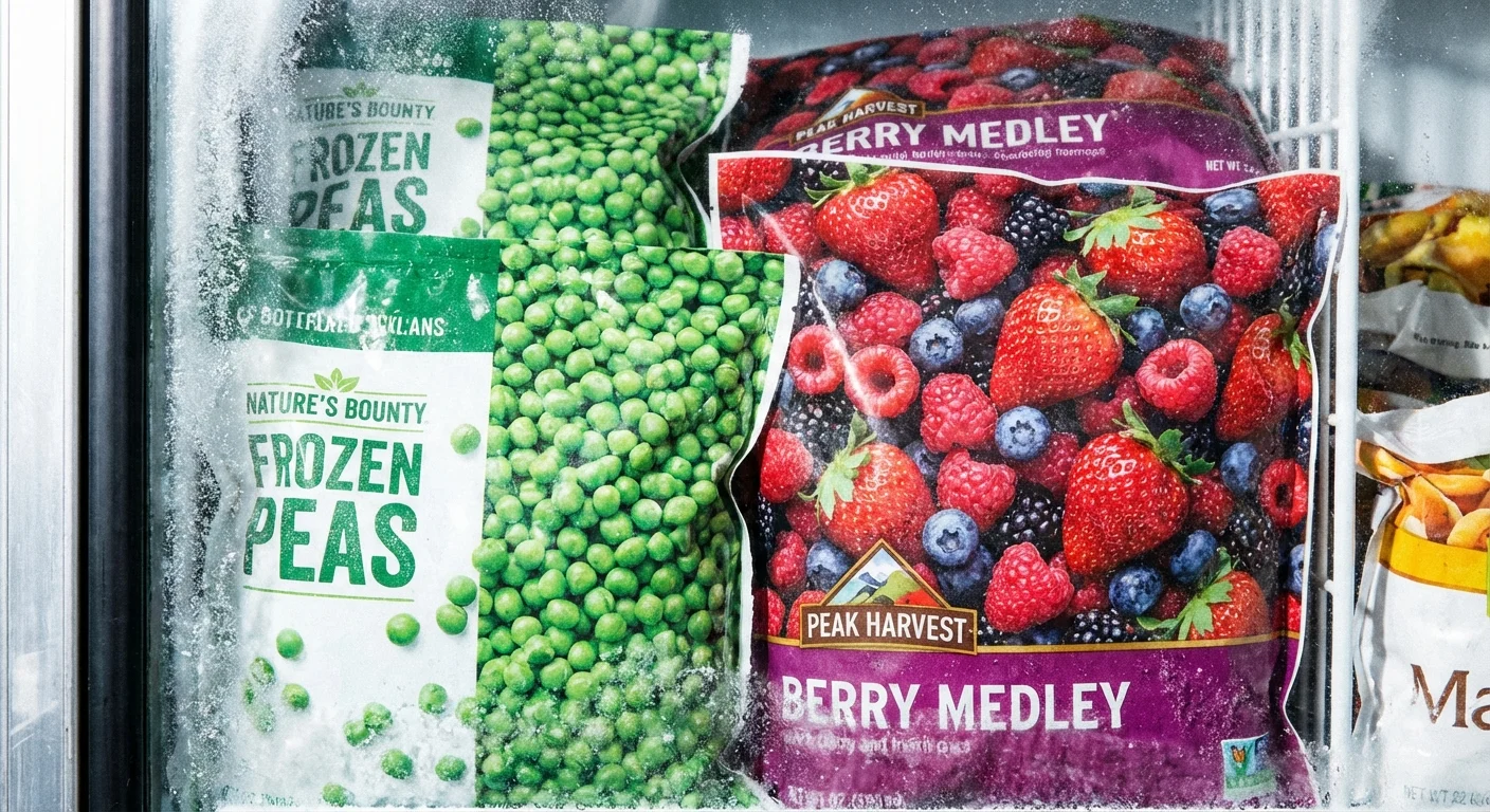 Frozen vegetables and fruits in a grocery store freezer.