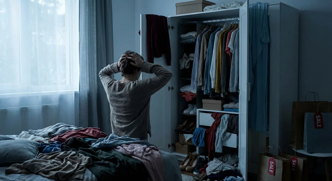 A stressed person looking at a messy, overfilled closet full of colorful clothes.