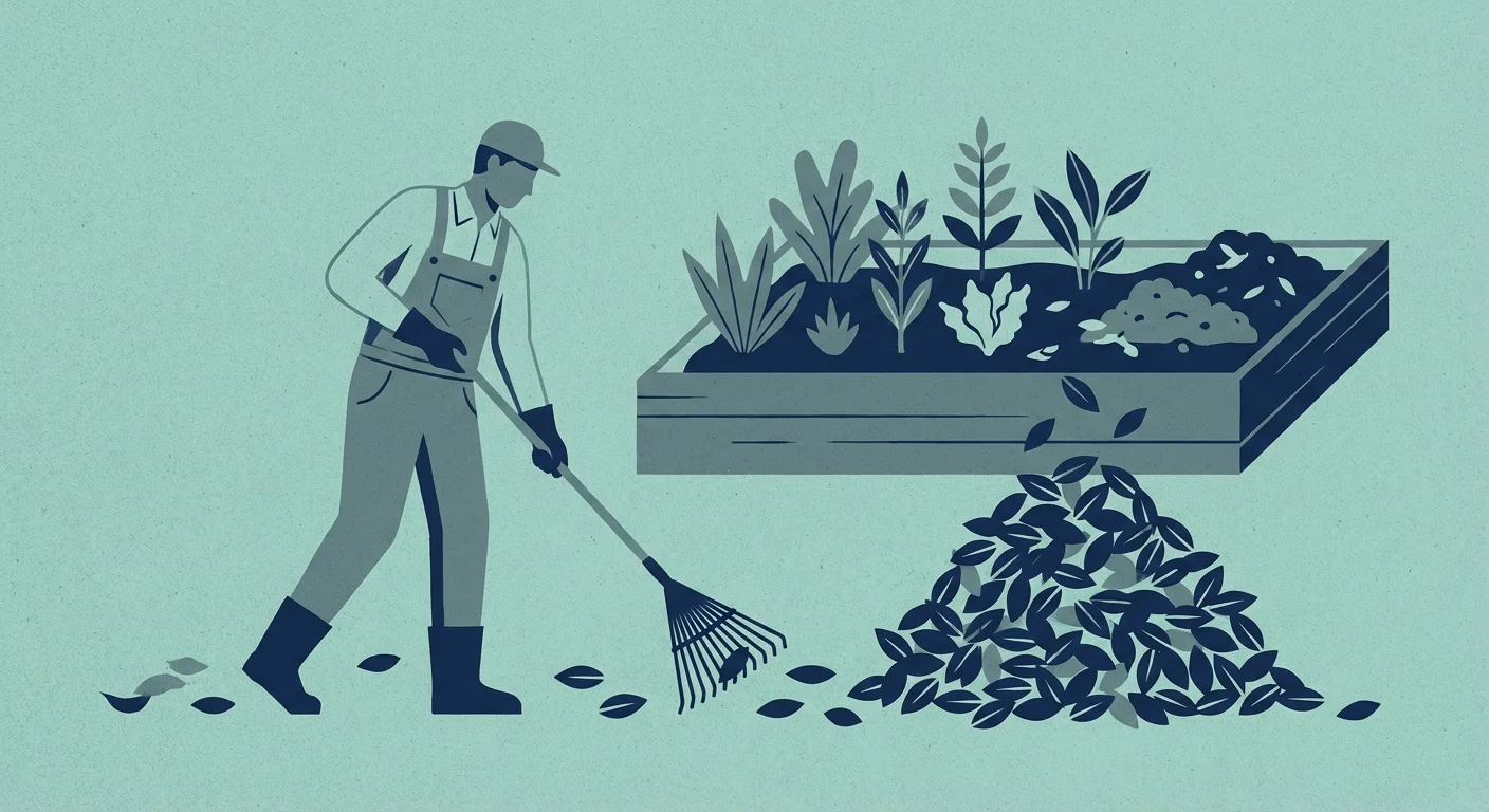 A person raking fallen leaves to use as mulch, representing tax-loss harvesting.