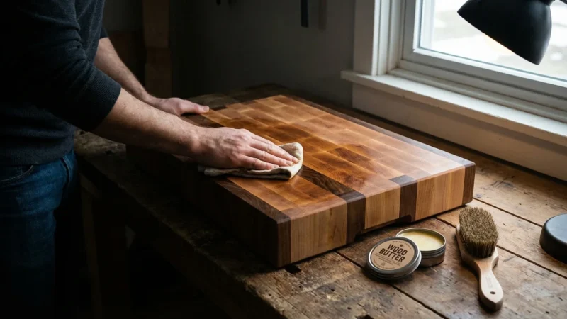 A woman happily organizing her pantry with store-brand groceries in a bright kitchen.