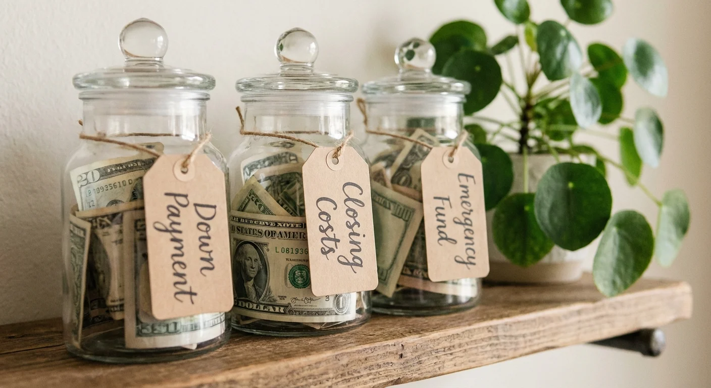 Three glass jars labeled for home savings sitting on a bright shelf.