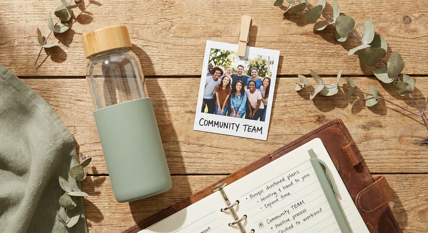 A flat lay of a water bottle, a photo of people, and a planner representing the three pillars of ESG.