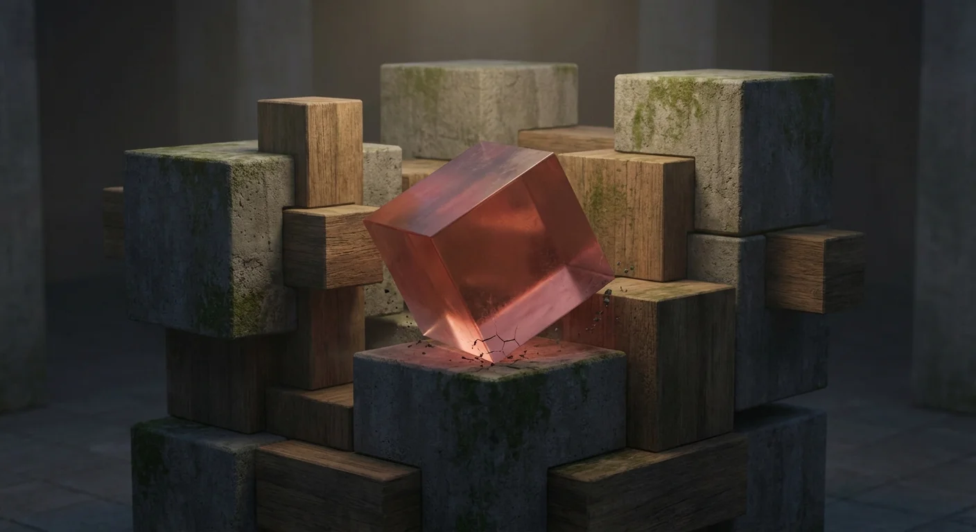A 3D geometric structure with one tilted, red-glowing block representing an investment risk.