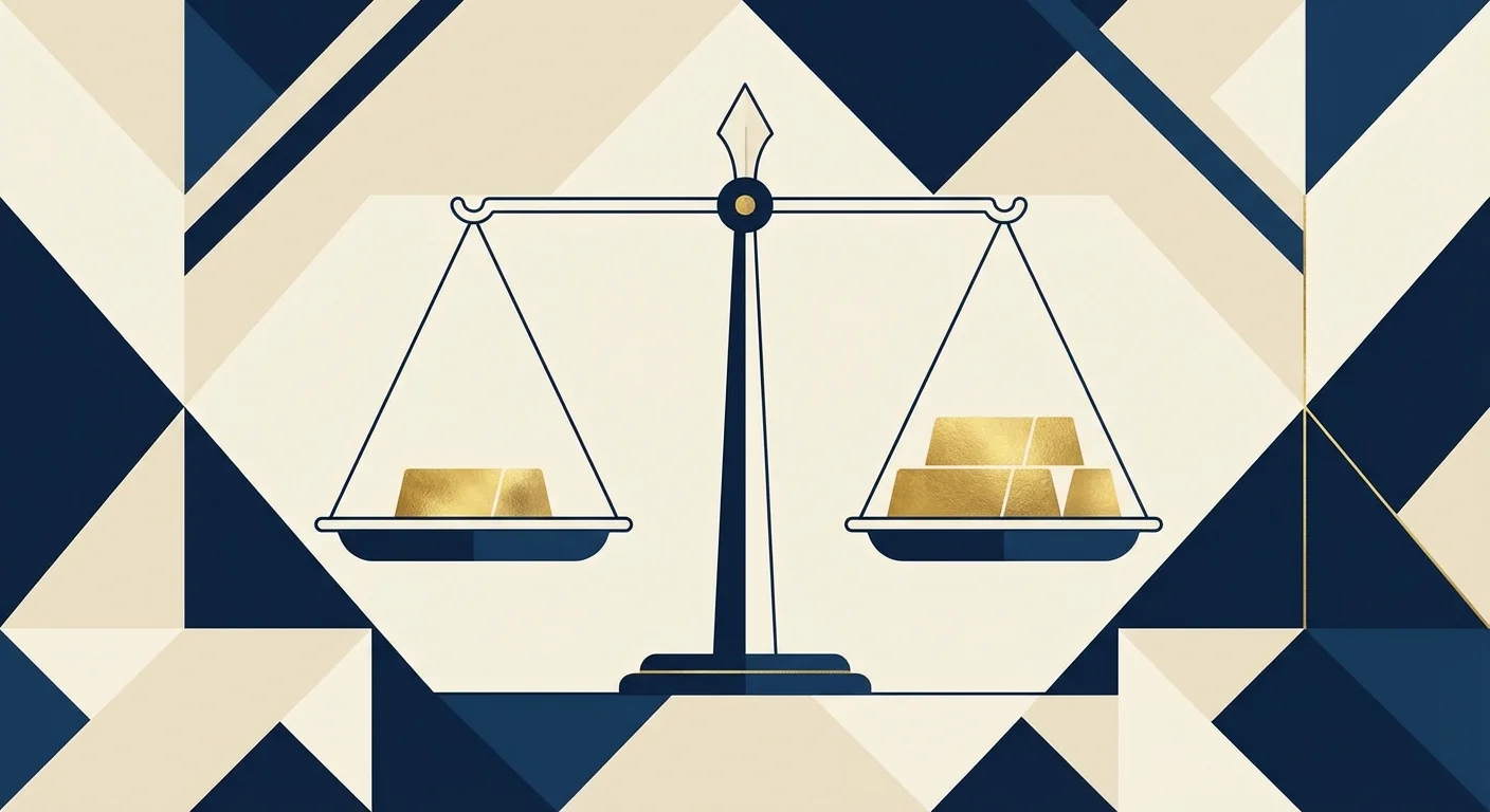 A minimalist balance scale comparing two different sized gold bars.