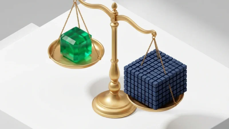 Golden balance scale weighing a single green crystal cube against a block of small blue cubes