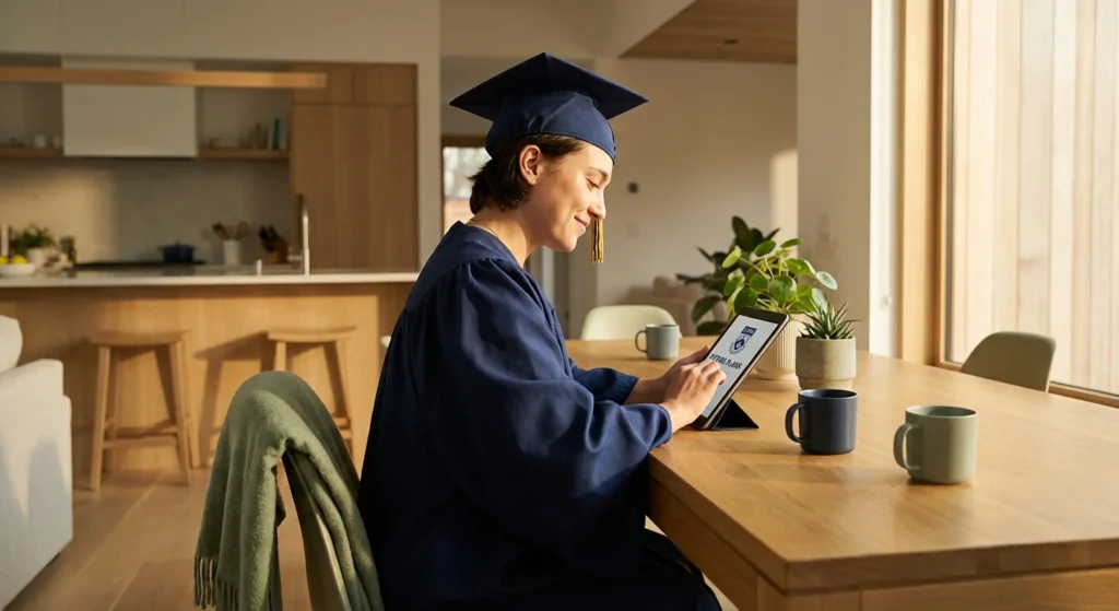 Graduate in blue cap and gown using a tablet at a sunlit dining table.