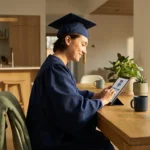 Graduate in blue cap and gown using a tablet at a sunlit dining table.
