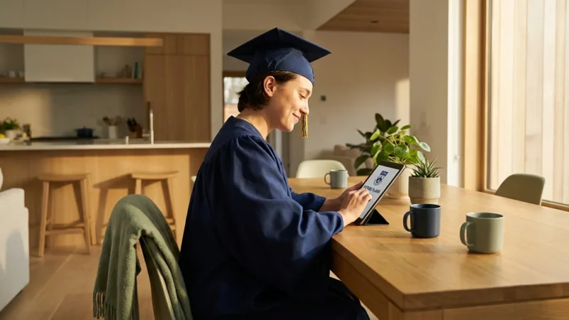 Graduate in blue cap and gown using a tablet at a sunlit dining table.
