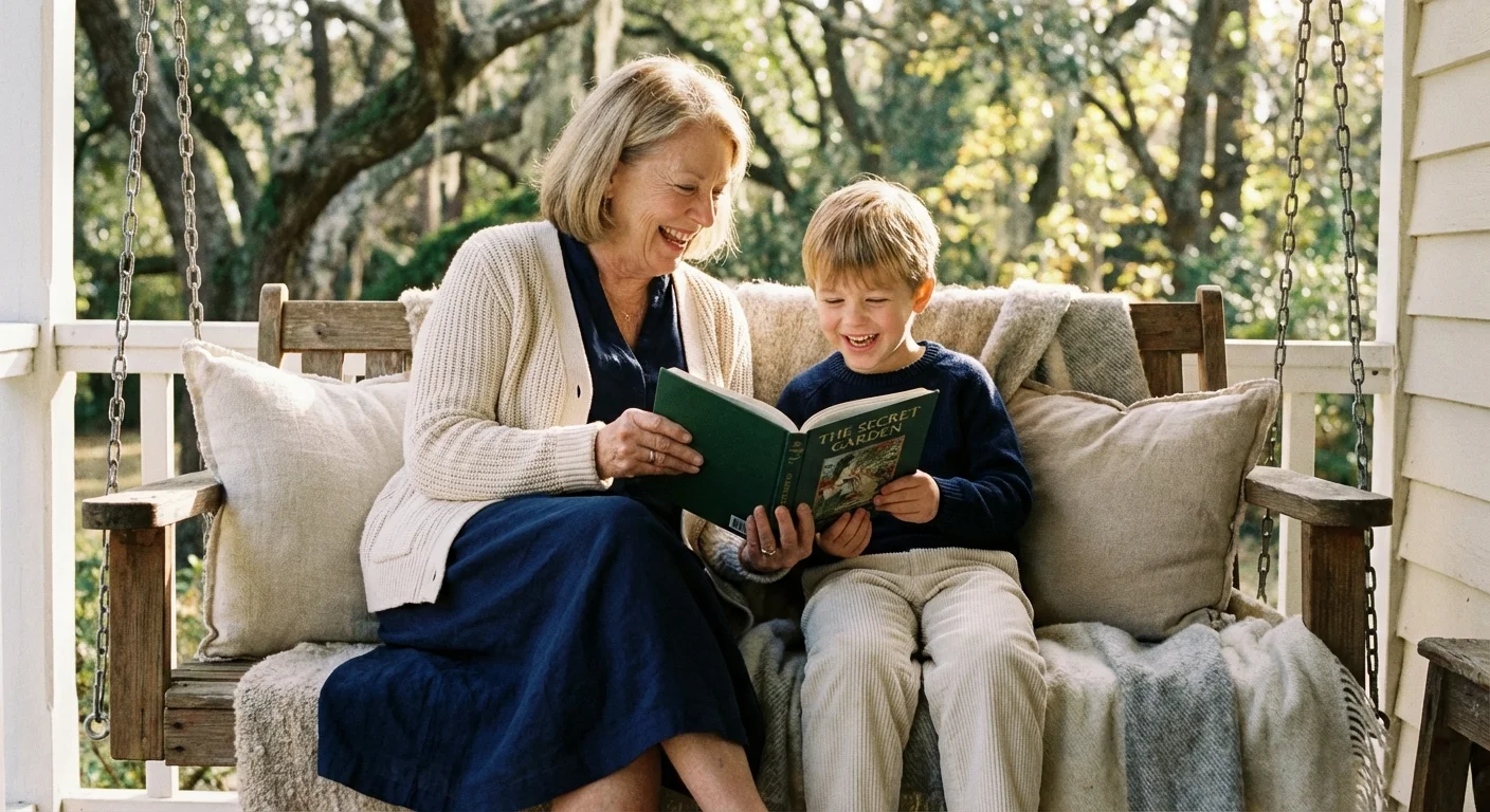 A grandmother and grandson reading together on a porch swing.