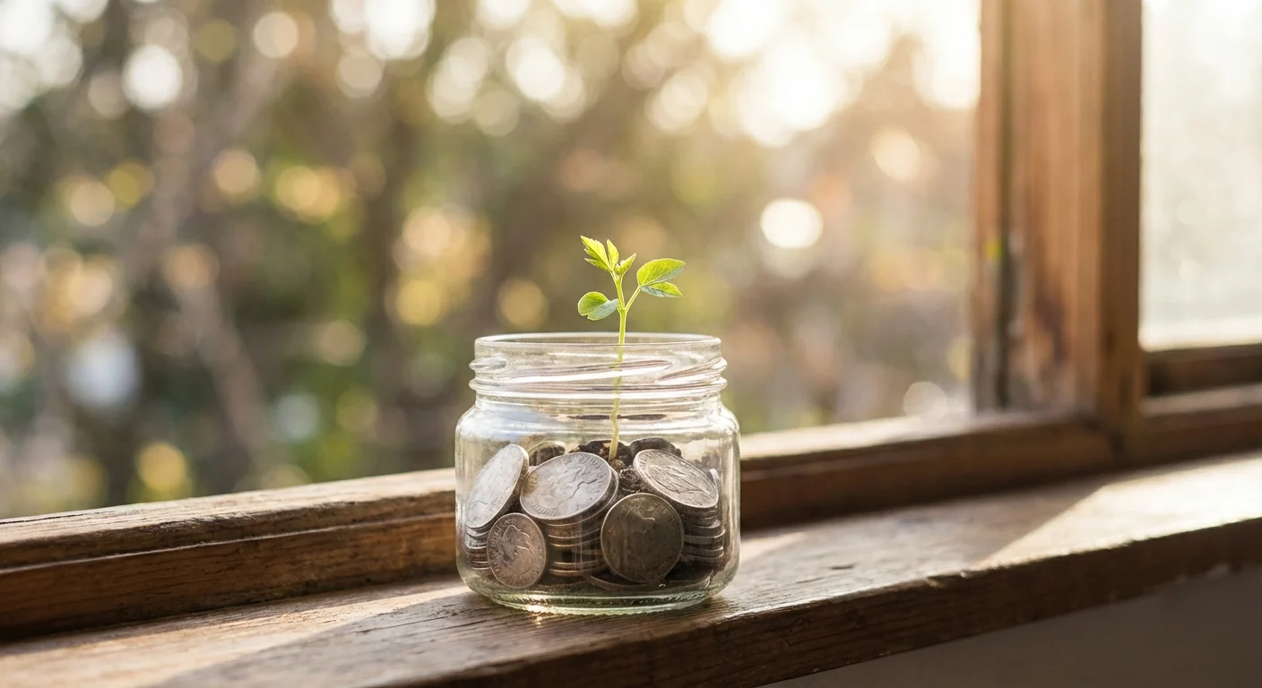 A small green plant growing out of a jar of coins on a sunlit windowsill.