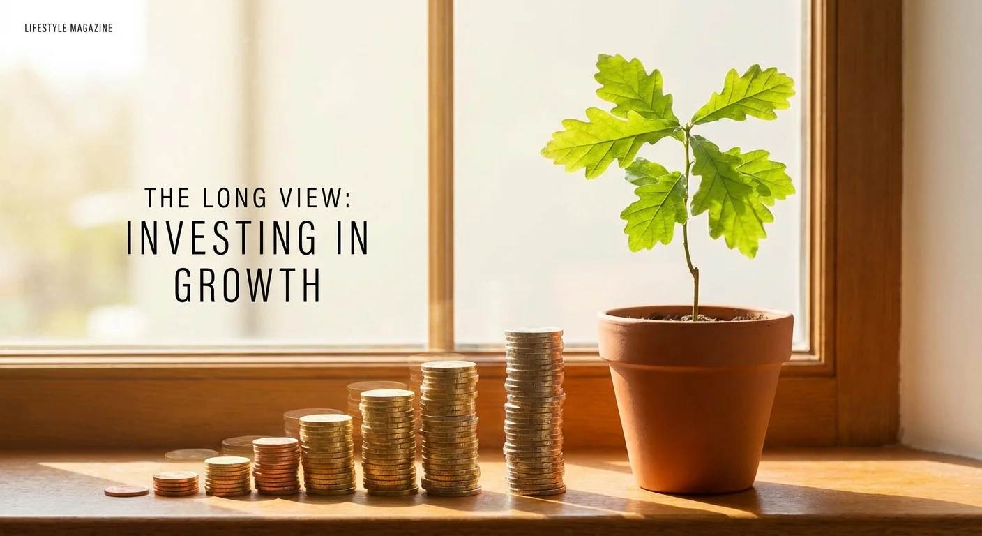 A small oak tree growing next to a stack of coins on a sunny windowsill.