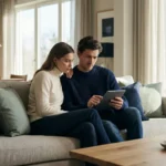 A couple thoughtfully discussing financial plans on a tablet in a bright, modern living room.