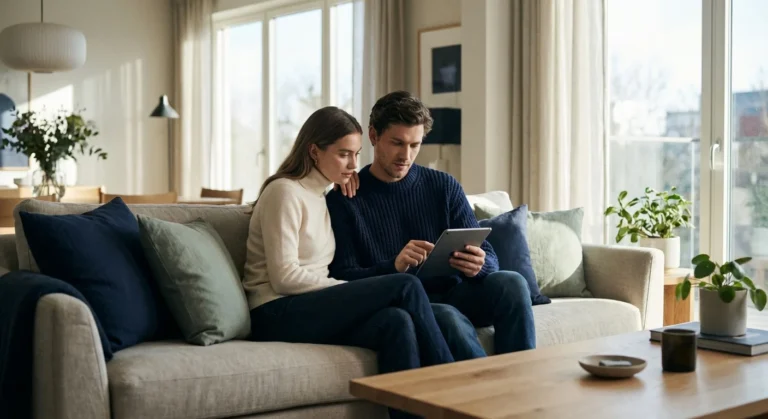 A couple thoughtfully discussing financial plans on a tablet in a bright, modern living room.