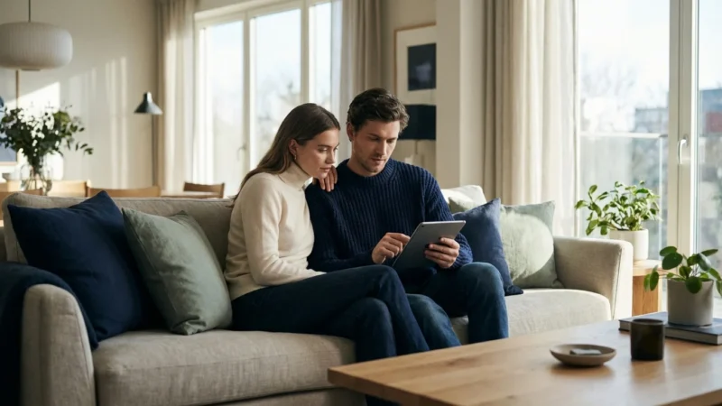 A couple thoughtfully discussing financial plans on a tablet in a bright, modern living room.