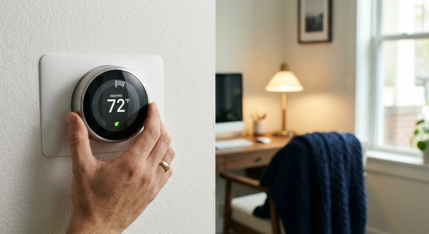 A hand adjusting a smart thermostat on a white wall with a blurred home office in the background.
