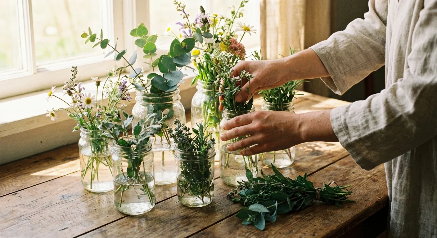 Hand-arranged wildflowers in glass jars used as wedding decor.