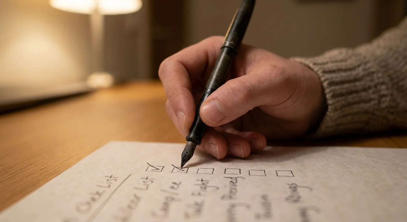 A hand checking off a list with a pen to ensure accuracy.