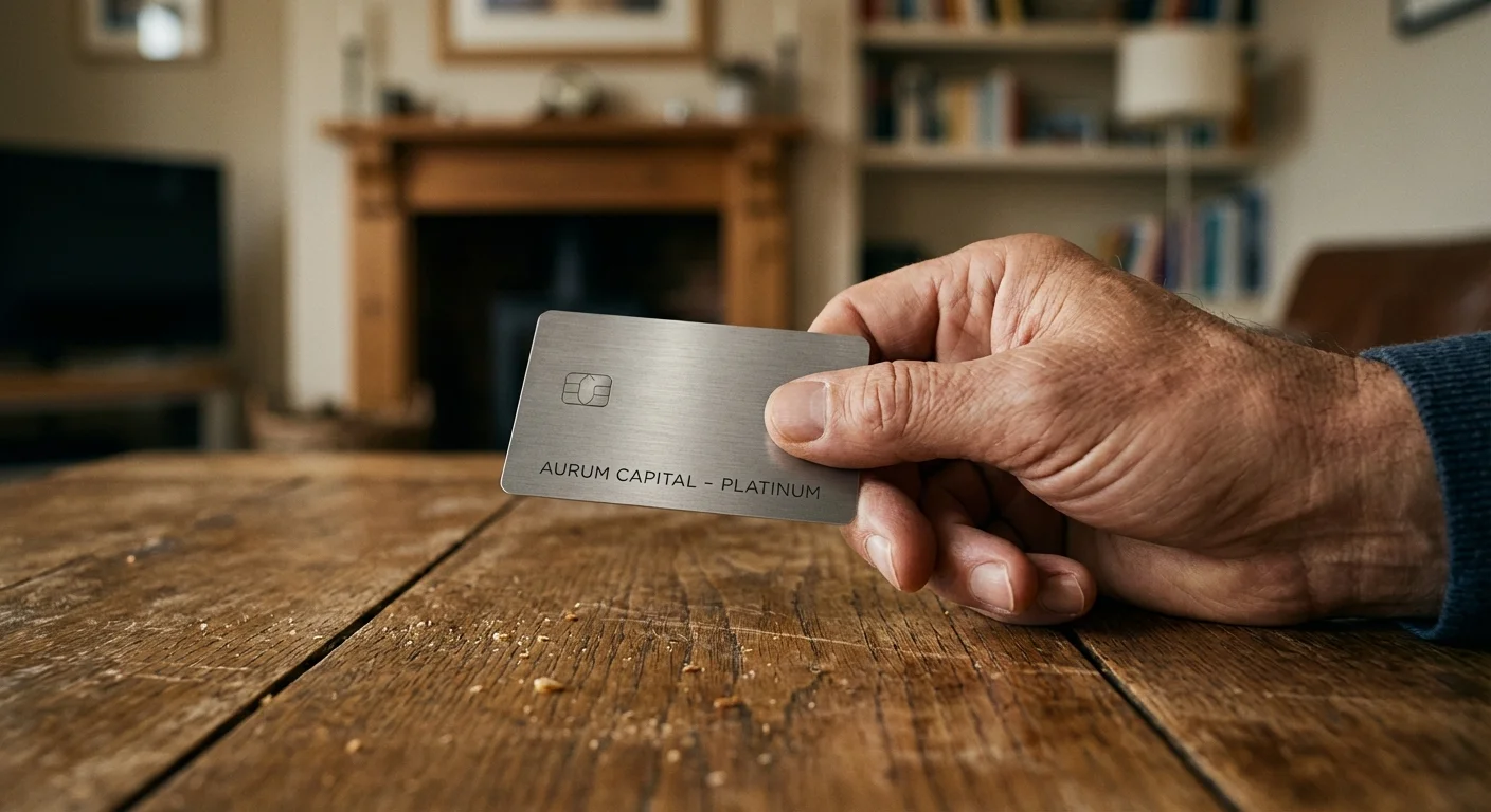 A person holding a credit card over a wooden table in a sunlit room.