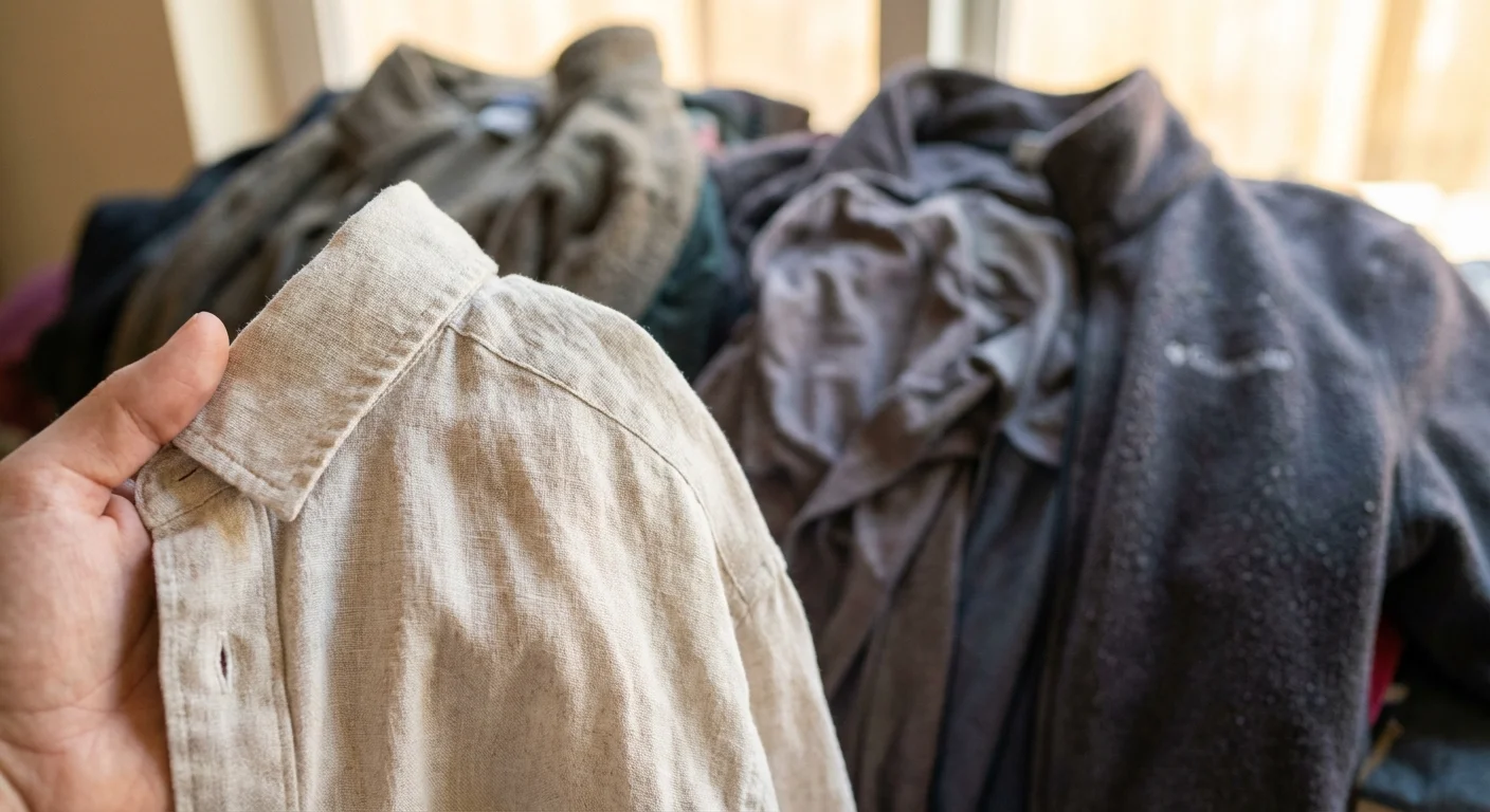 A high-quality linen shirt held up against a pile of low-quality fast fashion.