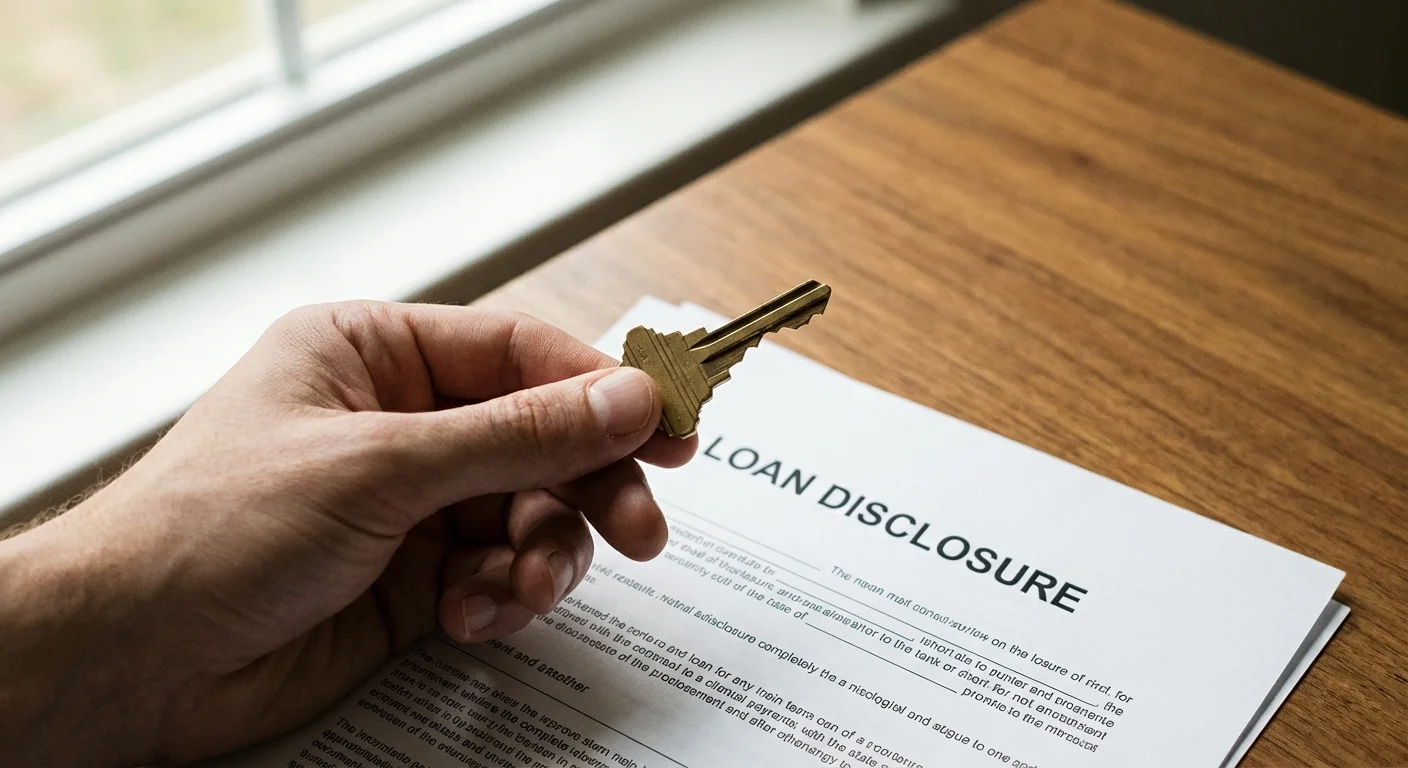 A close-up of a hand holding a house key over mortgage paperwork.