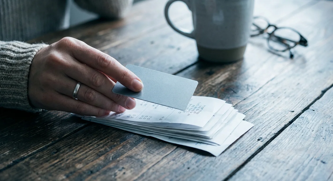 A hand holding a credit card over a pile of receipts on a wooden table.