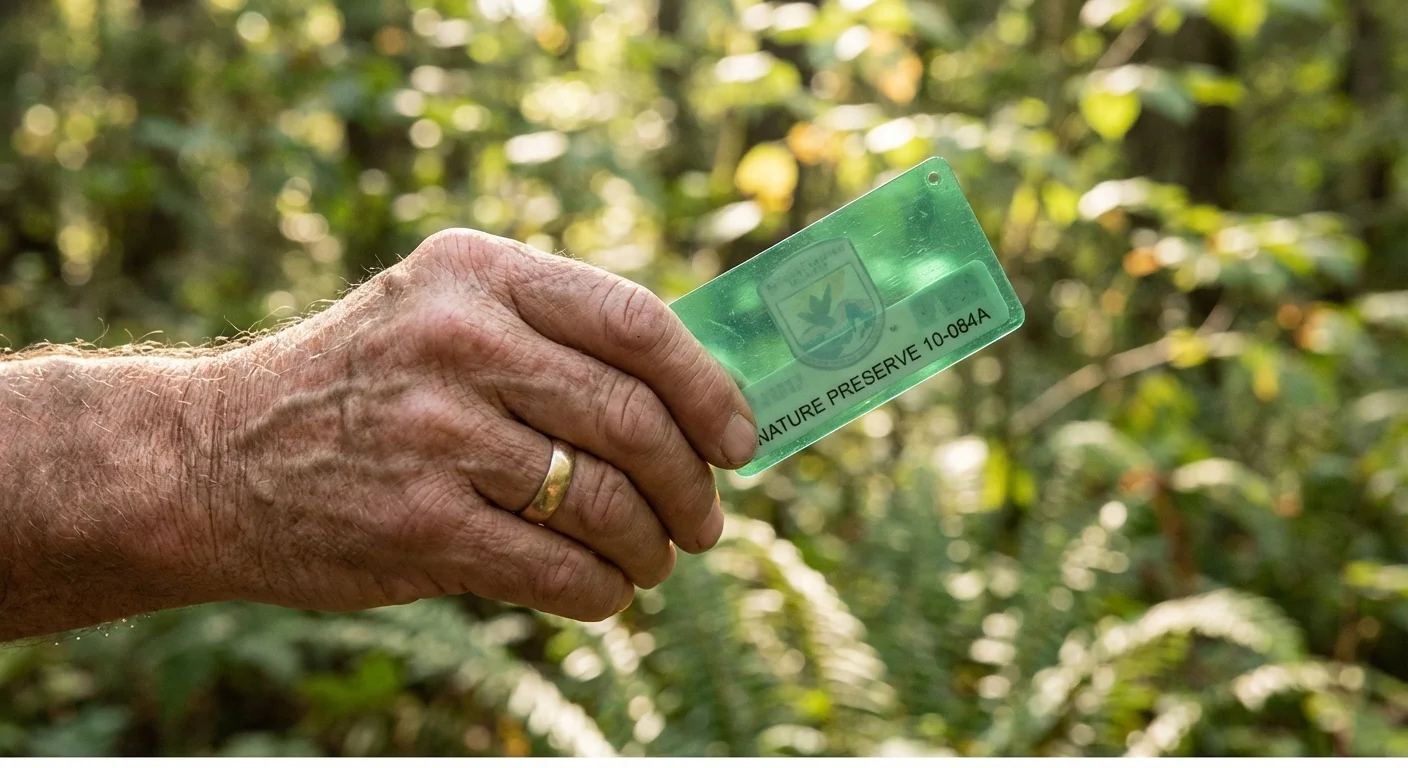 Close-up of a hand holding a National Park pass in a forest, emphasizing its value.